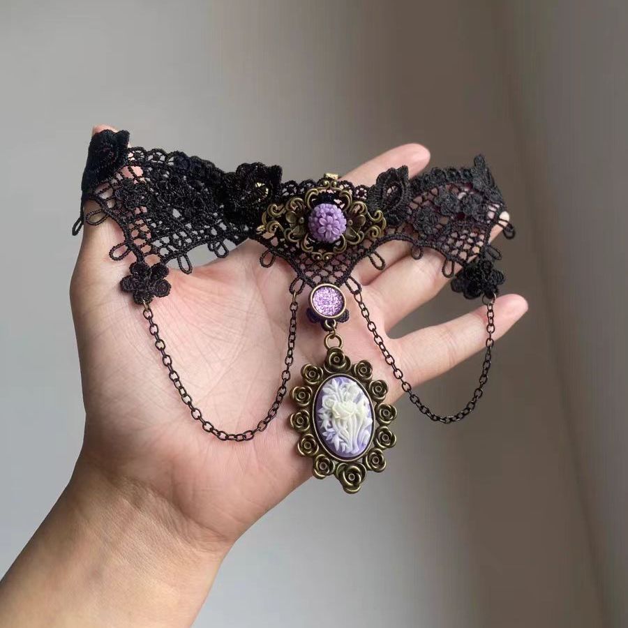 「曼陀罗」暗黑风黑色蕾丝紫色花朵项链哥特亚文化复古小众choker