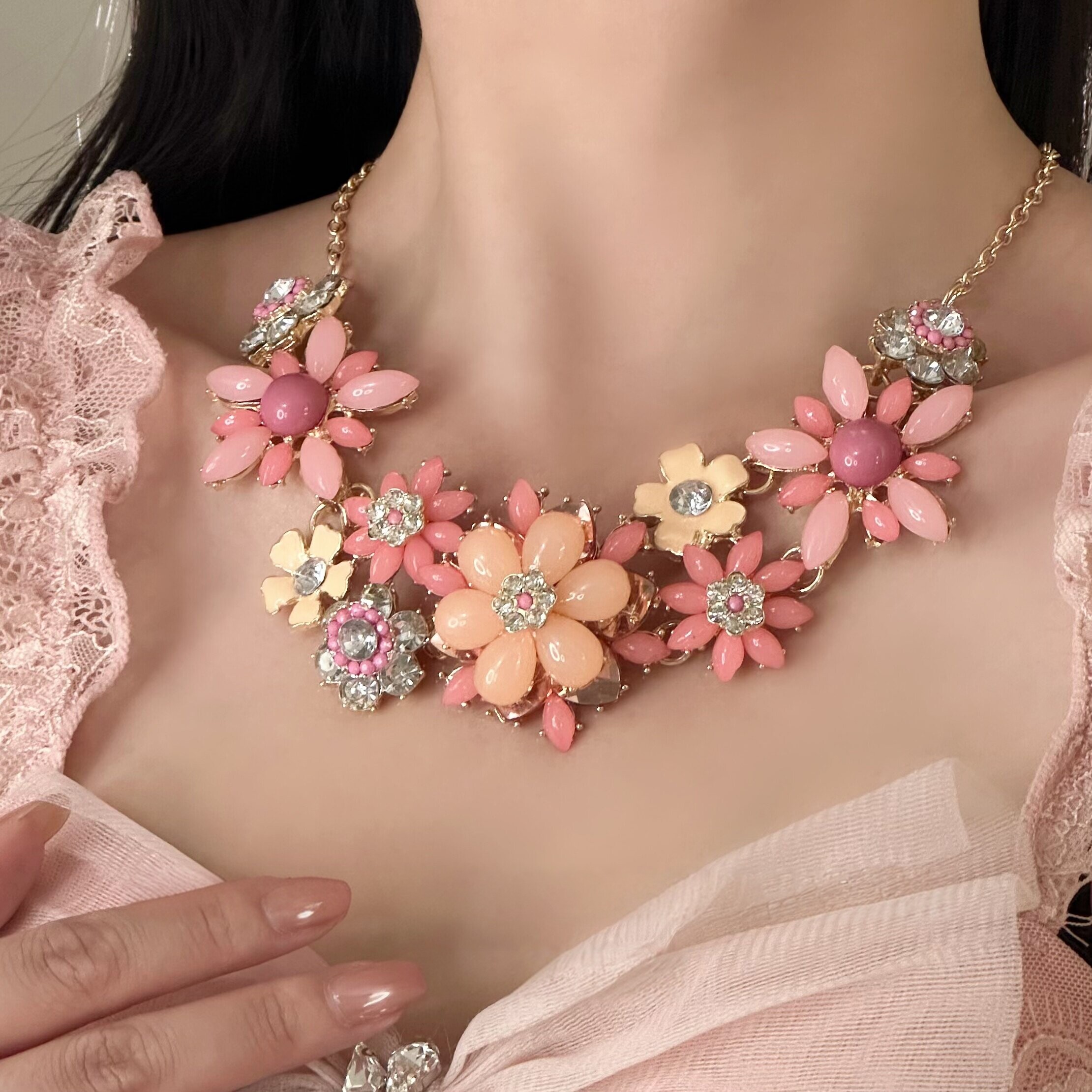欧美轻奢粉彩水晶花朵锁骨链