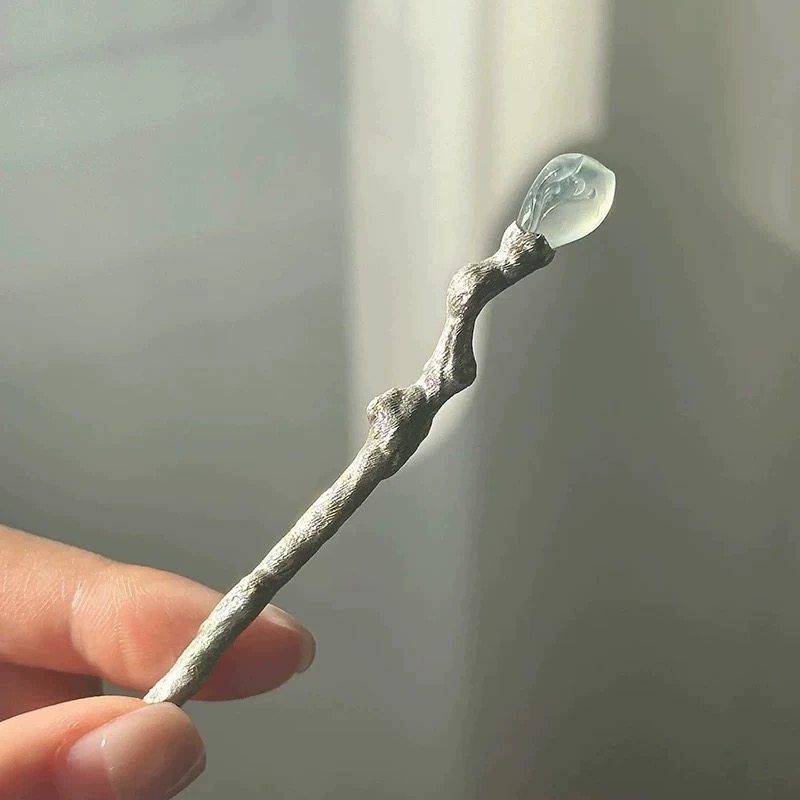 新中式银色烧白翡翠发簪子女古风立体不规则树枝搭配汉服盘发发饰