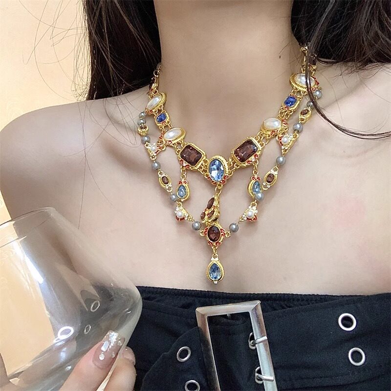 宫廷复古彩色水钻珍珠项链女vintage巴洛克流苏双层锁骨链颈链潮