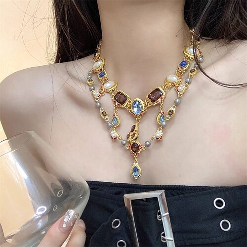 宫廷复古彩色水钻珍珠项链女vintage巴洛克流苏双层锁骨链颈链潮