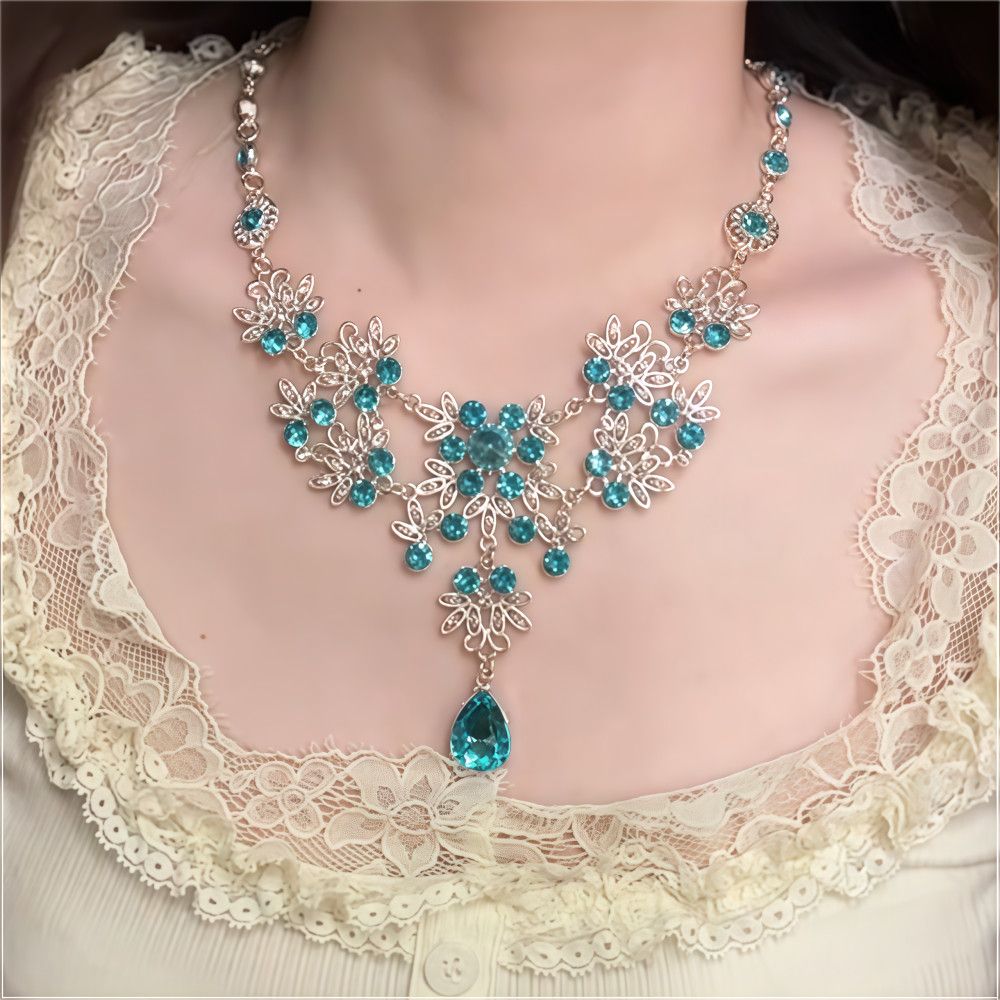 重工蓝色水滴流苏项链配礼服婚纱新娘锁骨链2026新款法式复古颈链