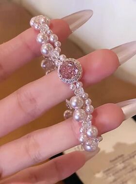 法式蓝色玫瑰花锆石珍珠手链2025新款爆款精致复古抽拉式爆闪手饰