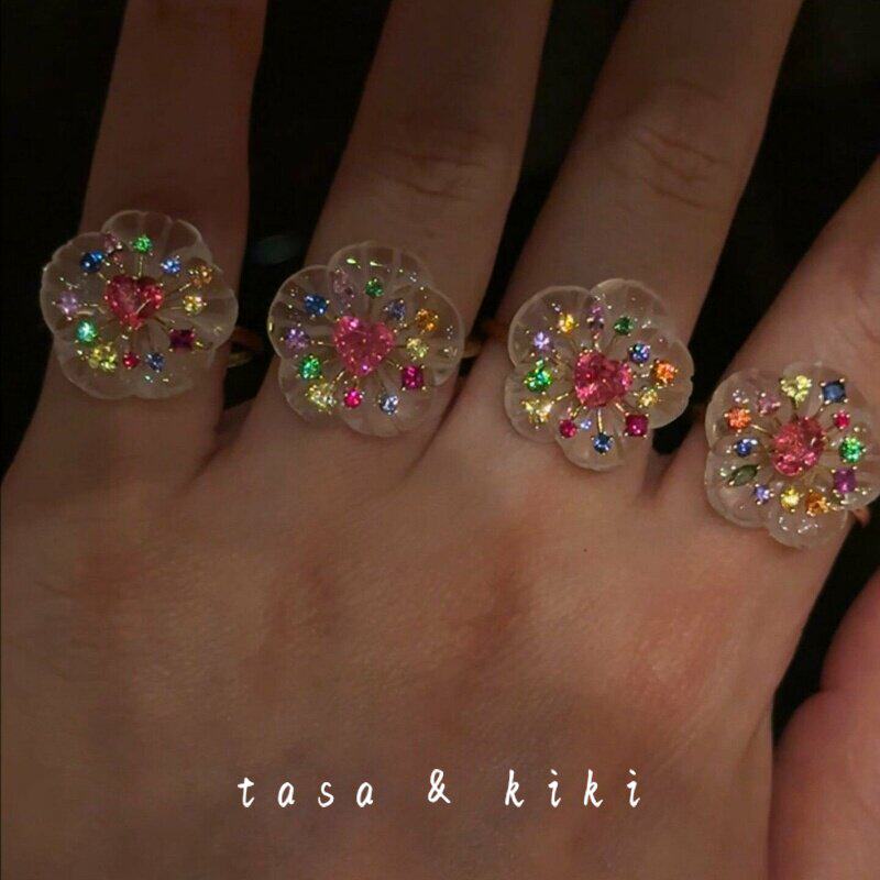 万花筒心透明彩虹爱心轻奢女戒