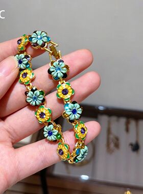 油画风小众彩色花朵手链2026年新款vintage复古做旧百搭手环女