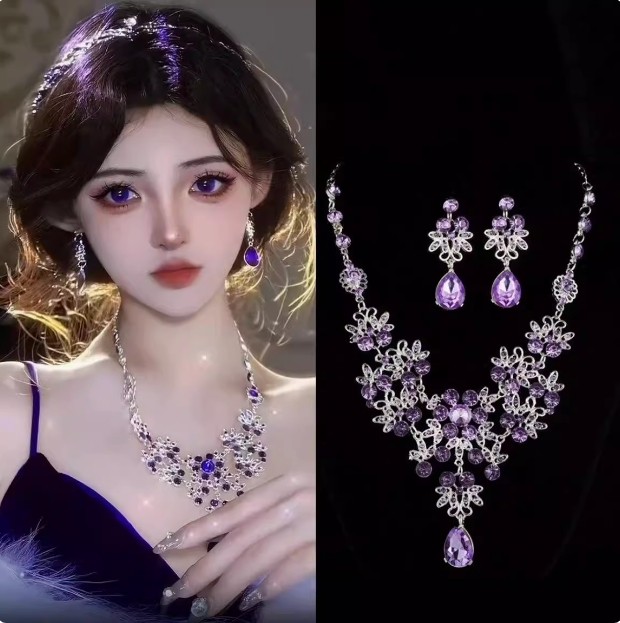 紫色新娘花朵水滴项链耳环套装韩式高级感婚纱晚宴礼服配饰锁骨链