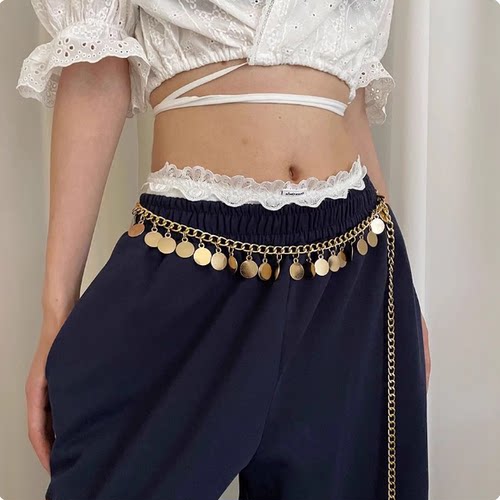 金属感硬币流苏装饰腰链女民族风小众潮流腰带百搭辣妹可调节裤带