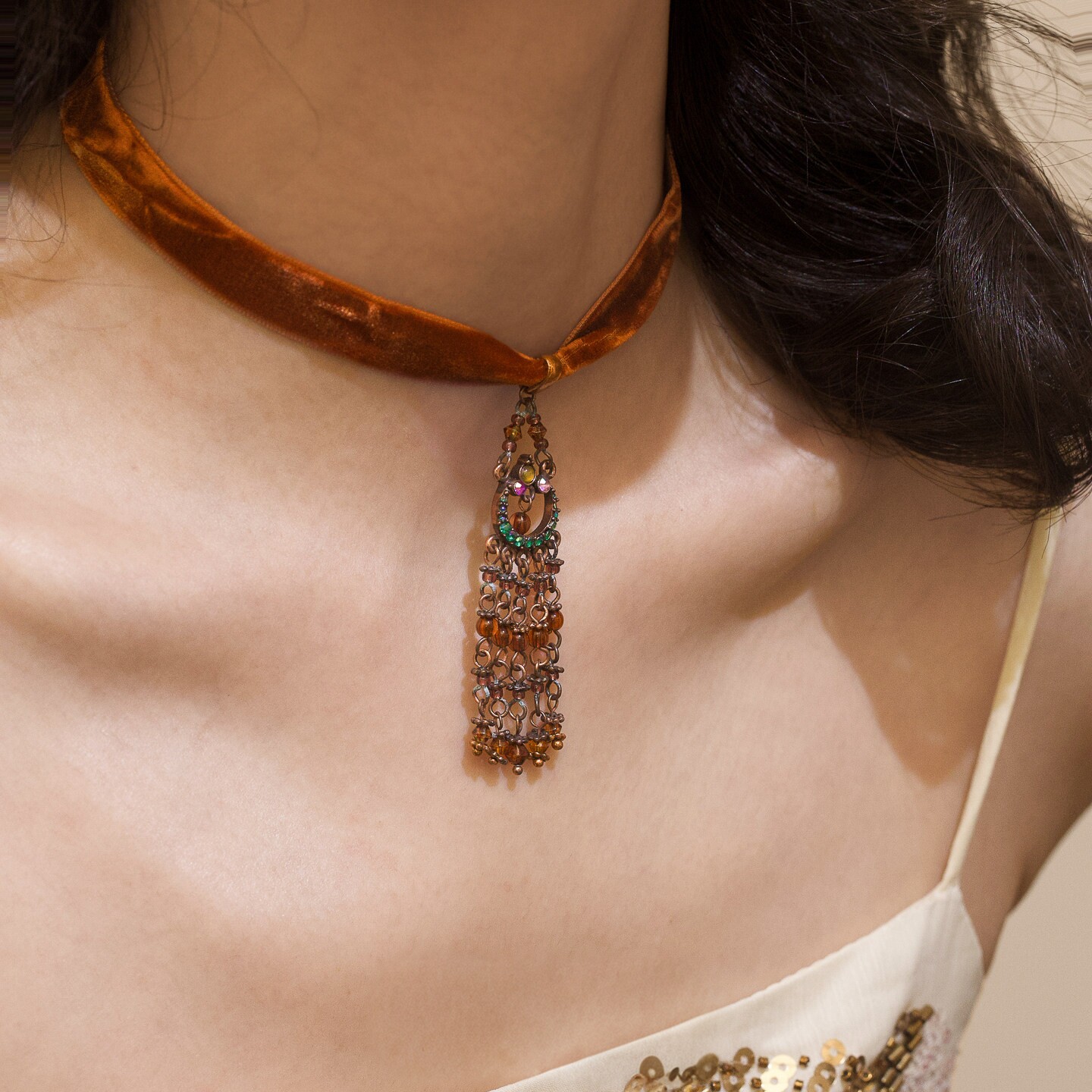 美拉德棕色丝绒流苏复古choker