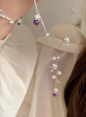 「铃兰絮语」精致紫水晶铃兰花银拉丝流苏Y字链女新款长项链配饰