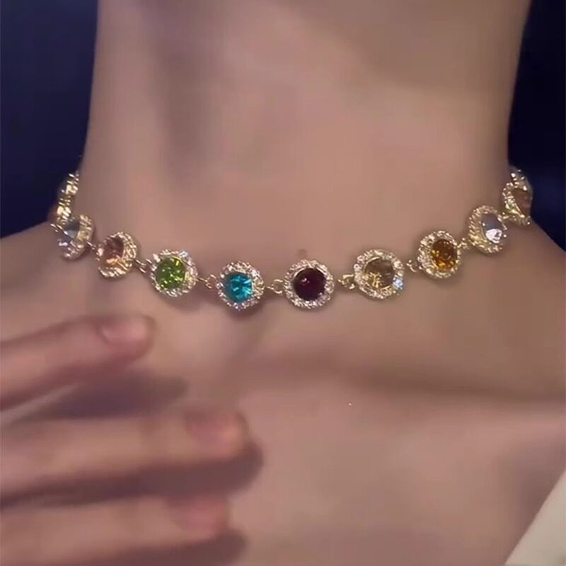 多巴胺彩色锆石项链女项圈轻奢设计感2025新款小众设计感锁骨链夏