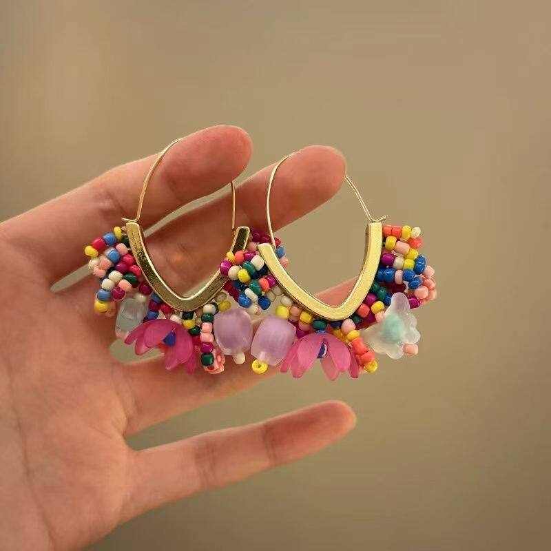 夜息花语~复古撞色花朵串珠流苏耳环女耳钉度假风耳夹民族风耳饰