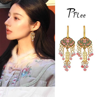 新中式珐琅粉色祥云复古流苏耳环小众设计民族风汉服旗袍耳圈耳饰