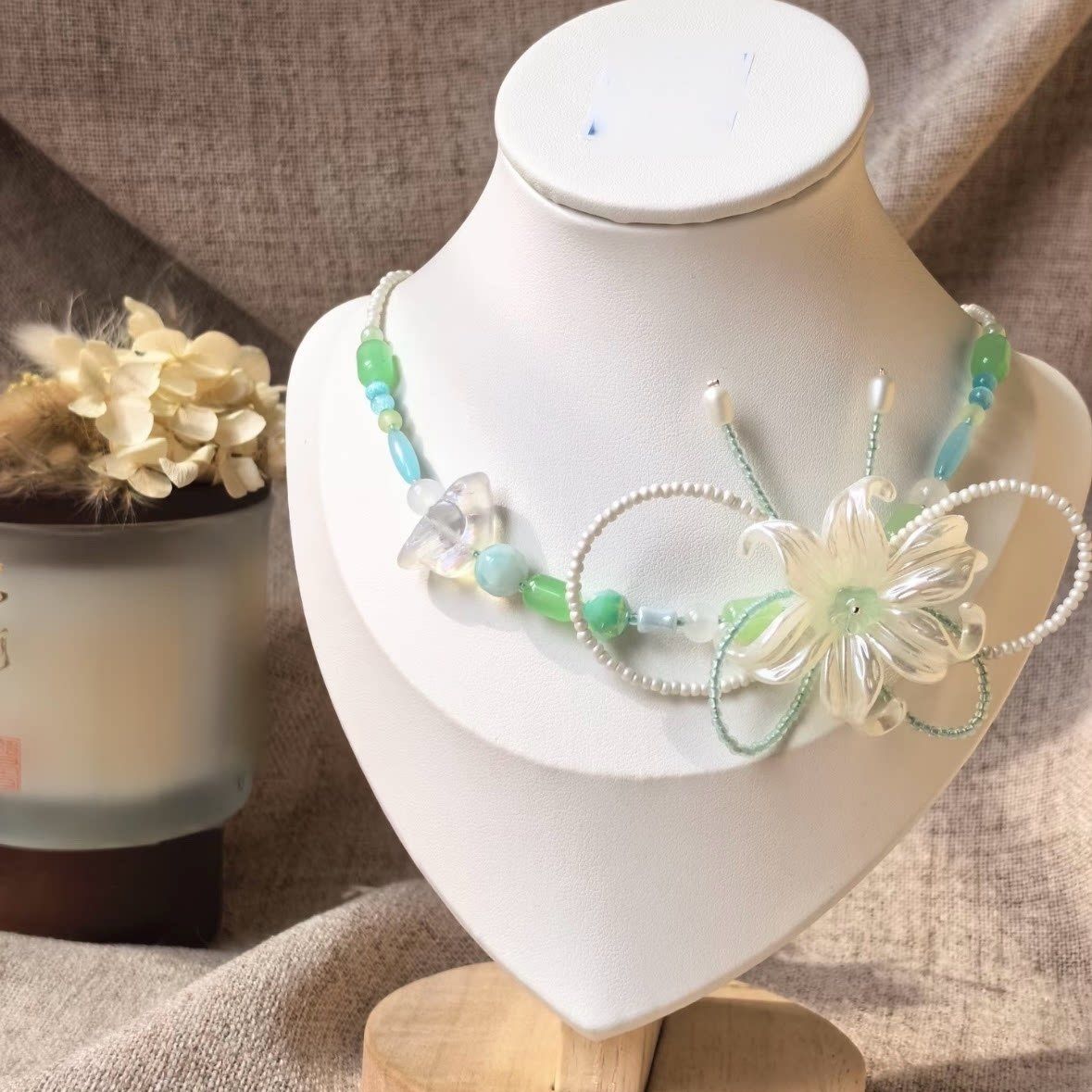 「春絮花涟」甜美粉绿撞色串珠花朵项链精致可爱高颜值拍照锁骨链