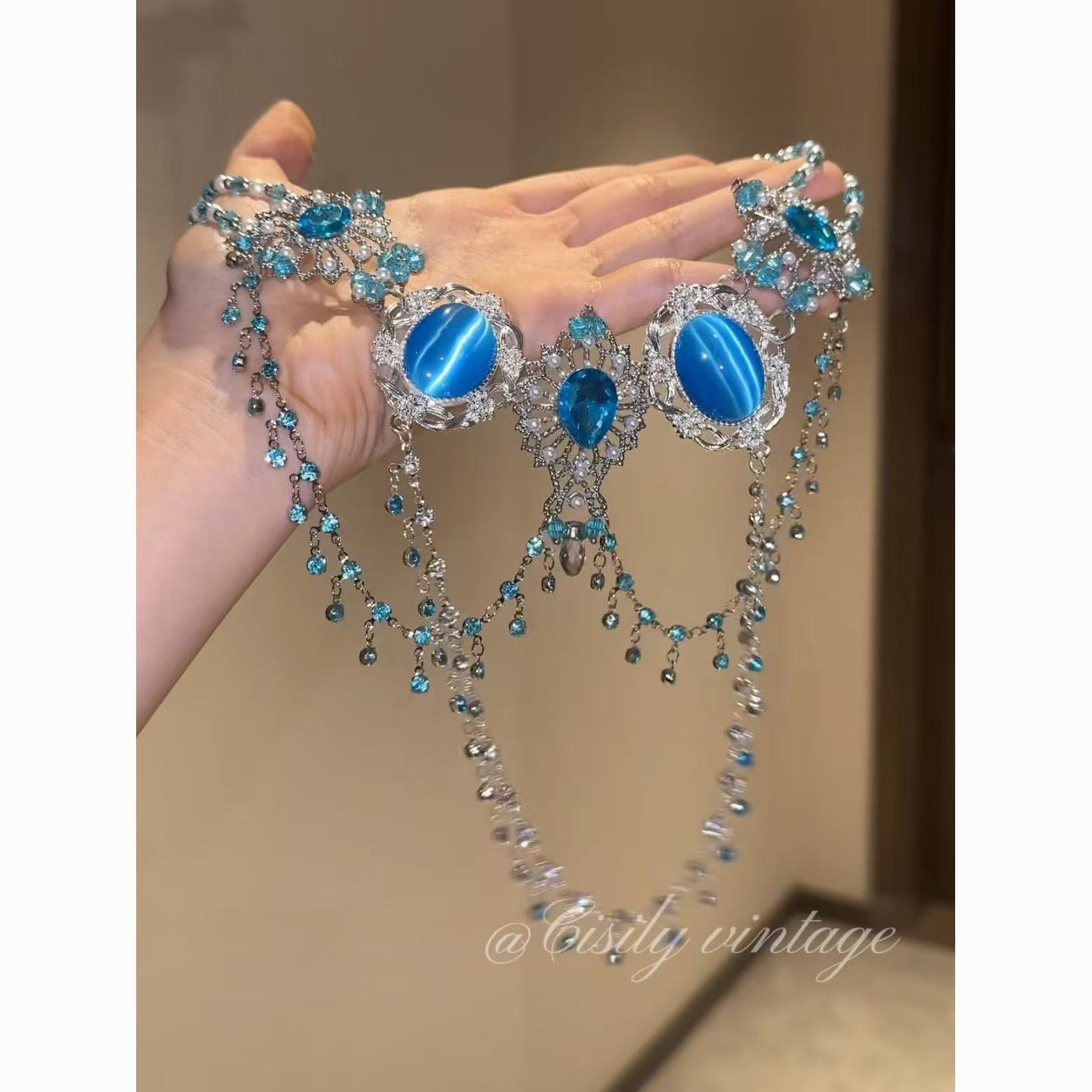 蓝色梦境 Vintage复古蓝色猫眼色choker女重工多层流苏宫廷锁骨链