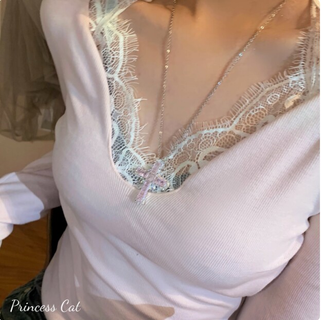 甜酷y2k辣妹风粉紫色方锆十字架项链女小众欧美朋克嘻哈锁骨链潮