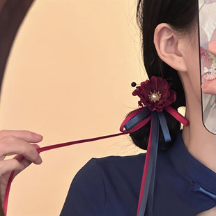 「红昭蝶愿」2026新款新中式红色花朵飘带发夹后脑勺汉服头饰甜美