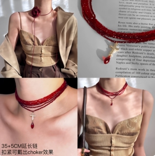 复古浪漫多层红色尖晶石项链轻奢小众十字架设计感choker女高级感