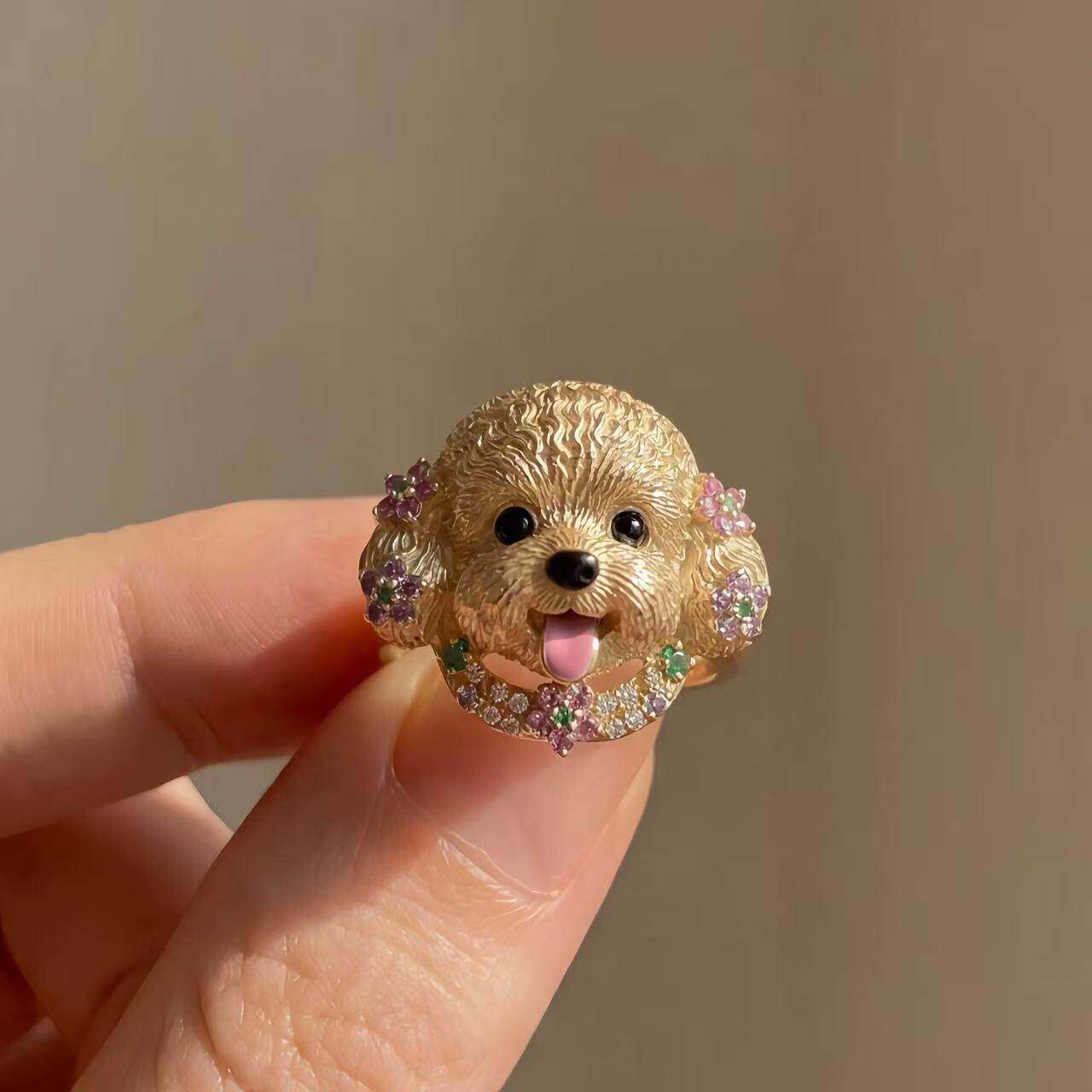 「甜宠花语」黄金色甜妹风可爱小狗戒指泰迪造型设计食指戒小众女