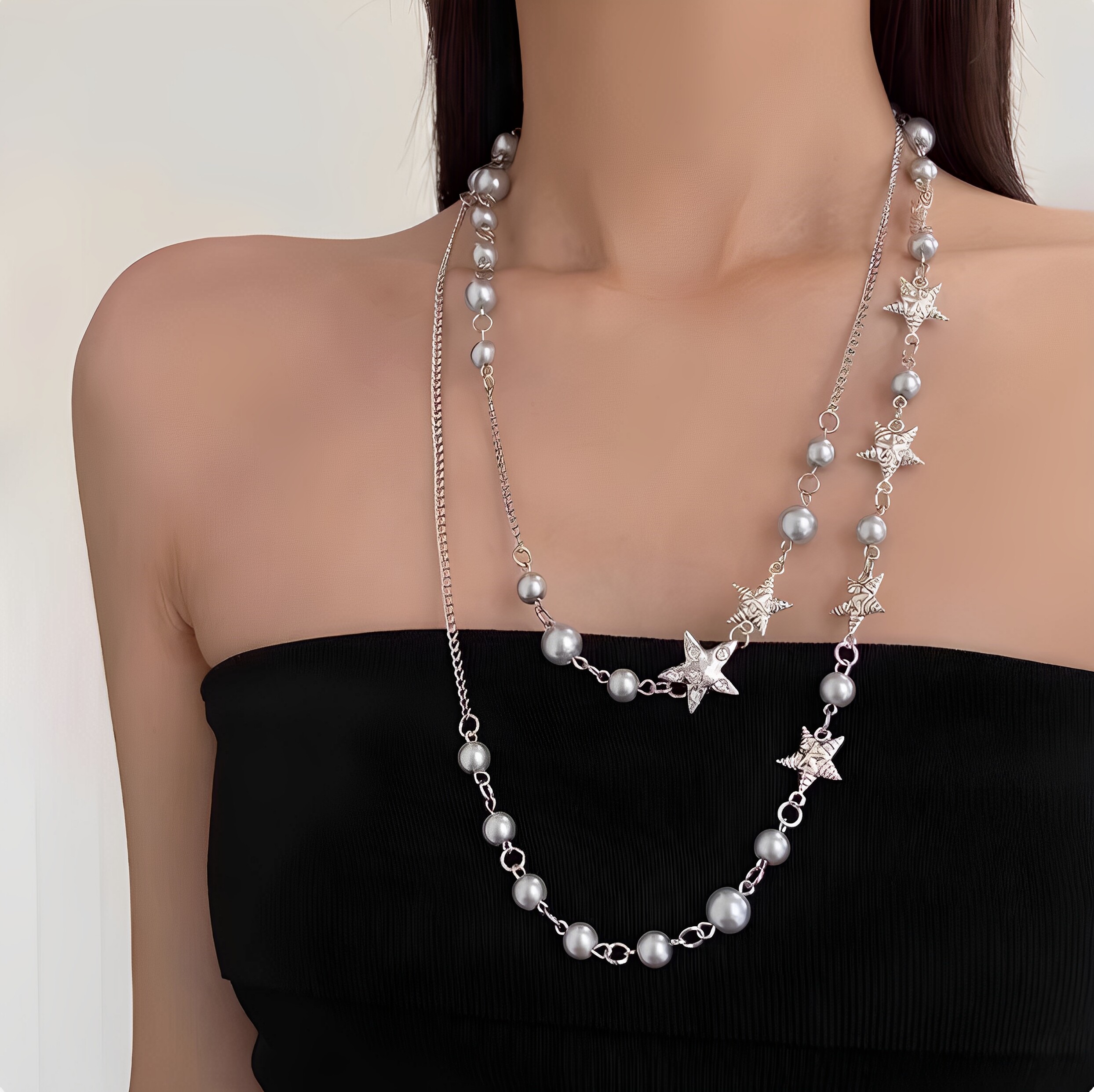 潮酷双层灰色珍珠串珠星星项链女小众叠戴可拆卸珍珠长款锁骨颈链