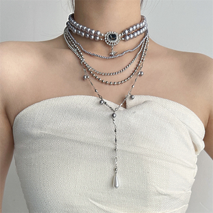 多层叠戴银灰色珍珠项链女复古小众choker锁骨链轻奢高级感配饰潮