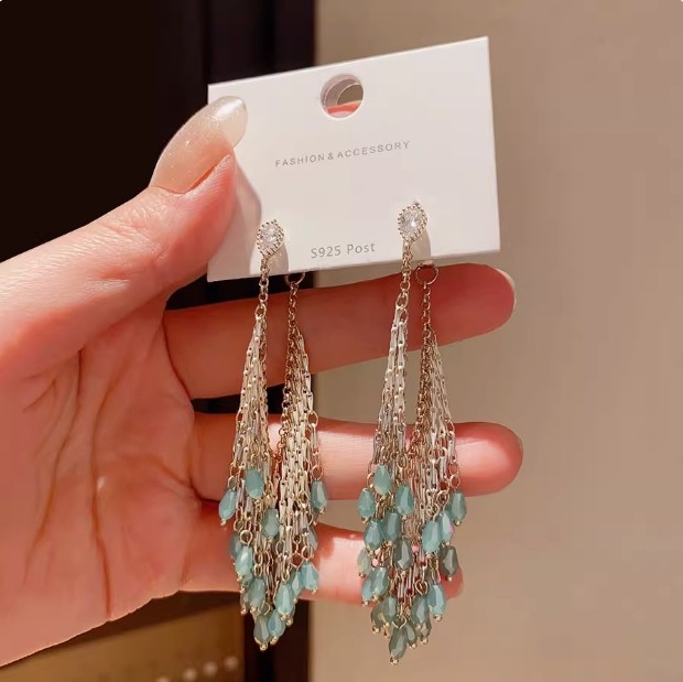 复古波西米亚名族风水晶流苏耳环女高级感小众夸张长款显脸瘦耳饰