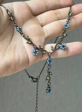 中古风复古蓝色花朵毛衣链女