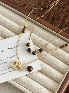 复古小马虎眼色吊坠项链女款2025新款小众高级毛衣链秋冬长款配饰