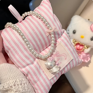 可爱粉色系带蝴蝶结KT猫坠珍珠项链童趣趣味长款装配品配饰锁骨链