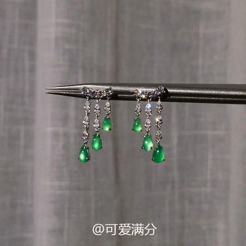 新中式绿水滴流苏清冷感小众耳钉