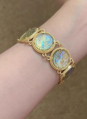 vintage中古宫廷风人鱼姬浮雕手镯幻彩琉璃独特气质轻奢重工独特