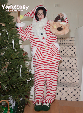 【圣诞限定】沿享2025新款半边绒连帽睡衣女冬季条纹家居服可外穿