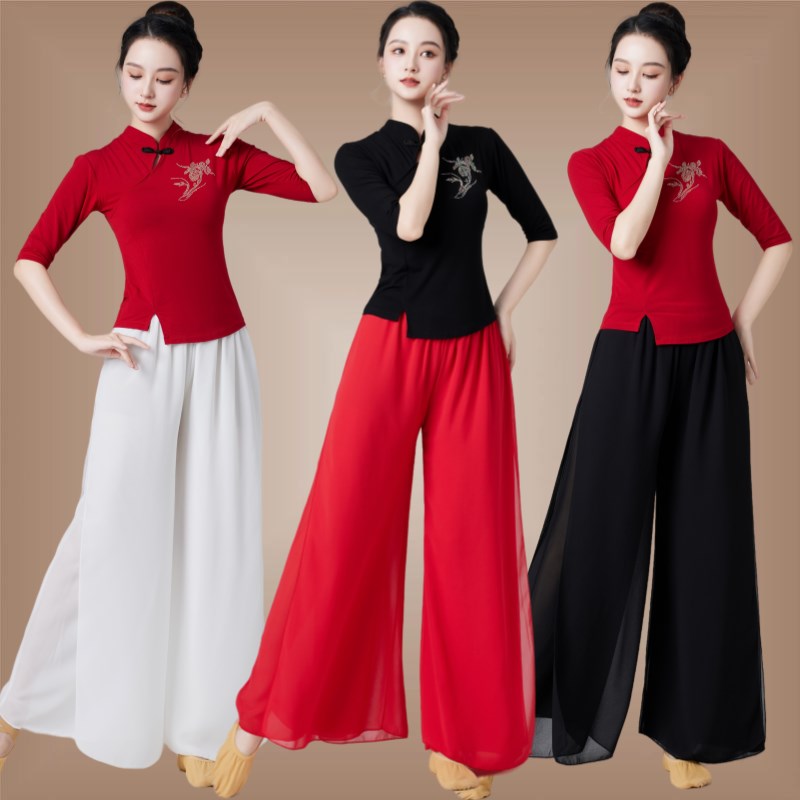 广场舞服装新中h式旗袍上衣舞蹈练功服套装雪纺阔腿裤古典舞演出