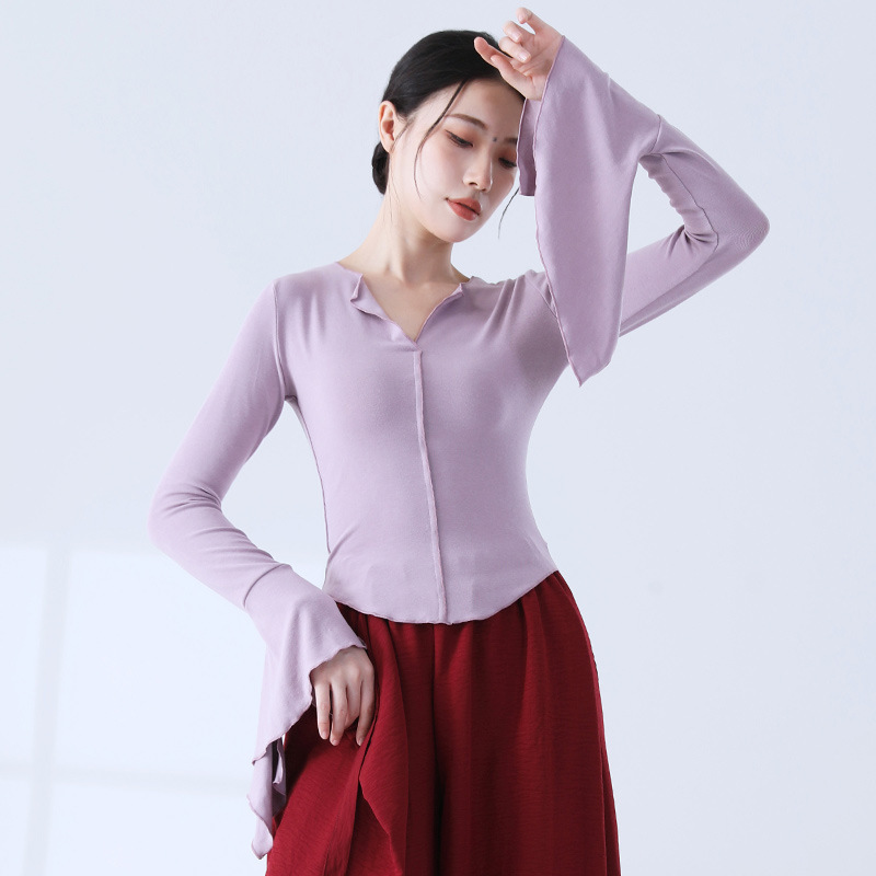 中国舞练功服女舞蹈n上衣显瘦V领修身形体服喇叭袖长袖古典跳舞衣