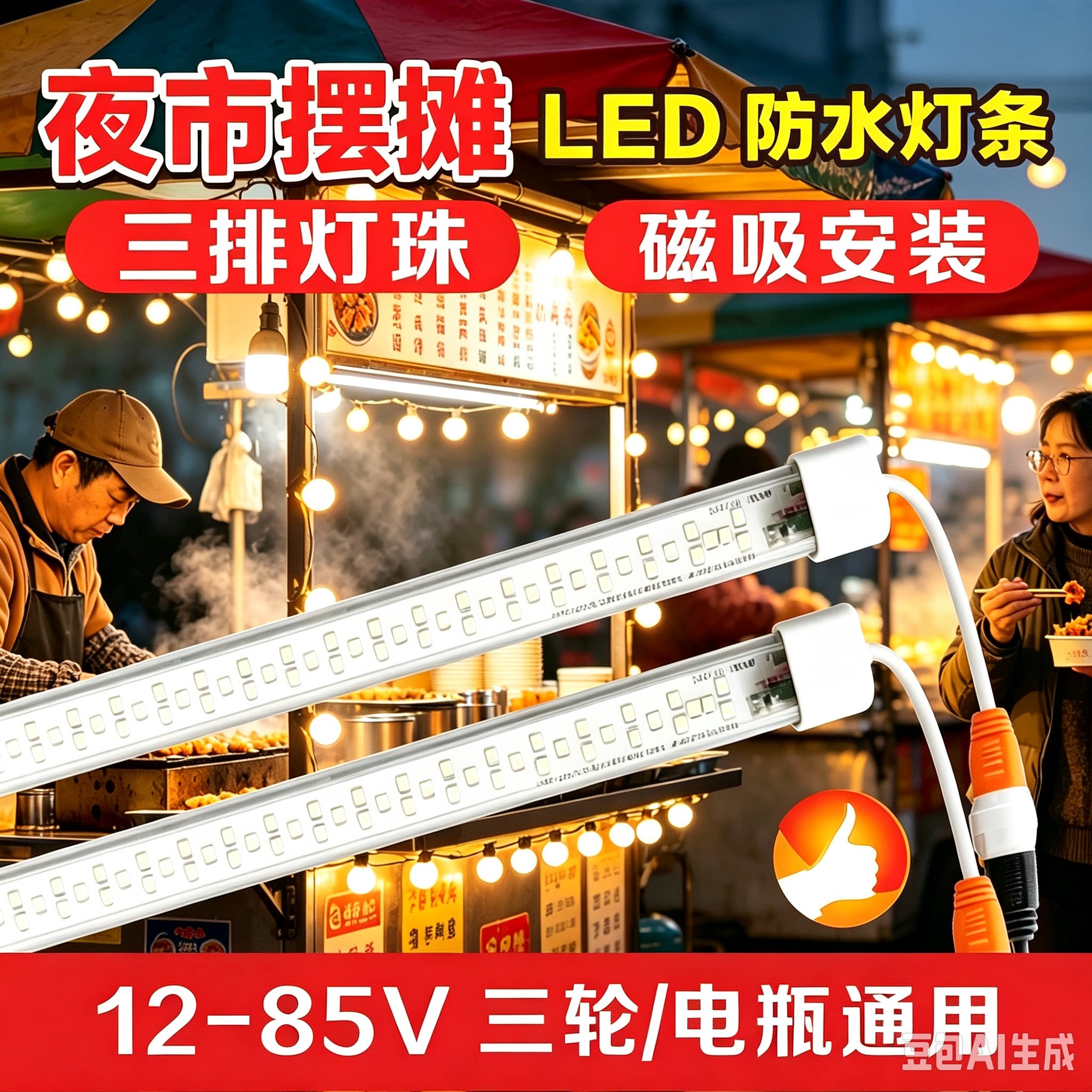 12伏三排直流夜市摆摊led灯管电动三轮电瓶车通用60v72v地摊灯条图片