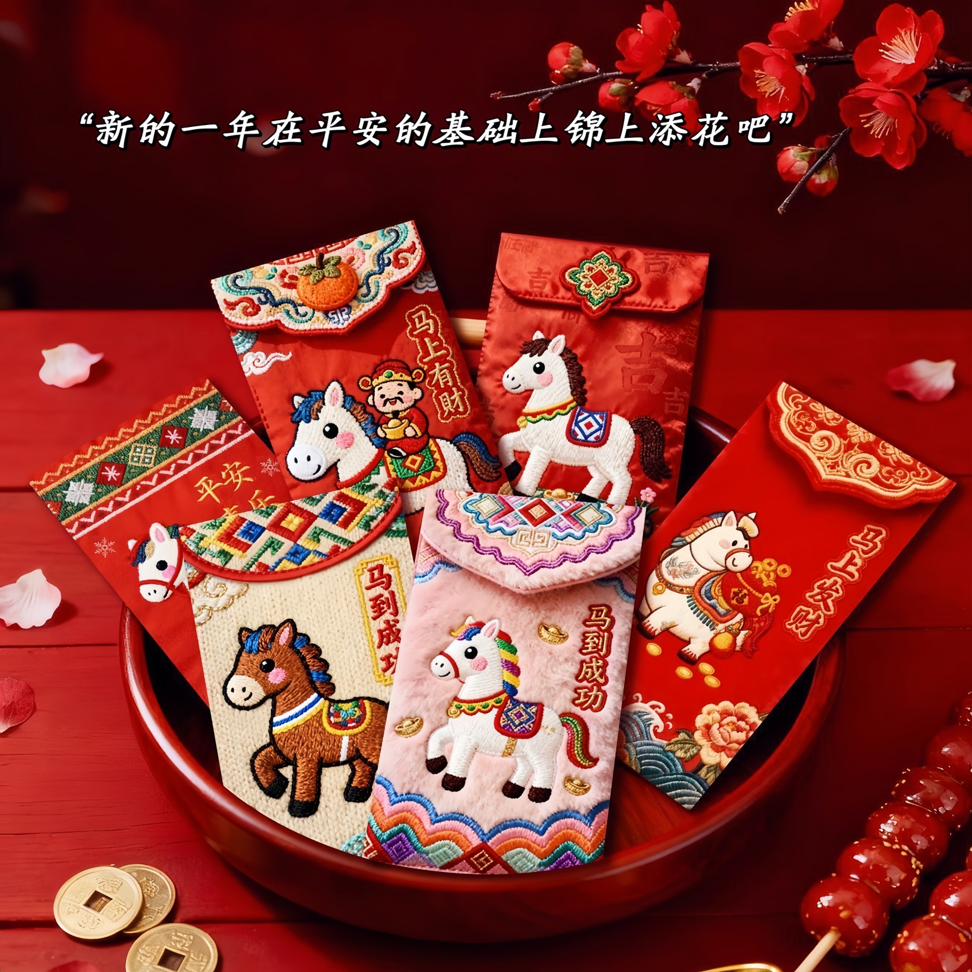 马年中式仿刺绣立体小马利是封