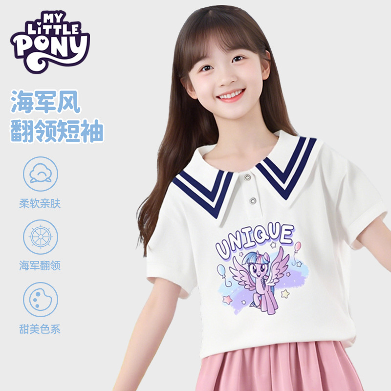 BEARBECUE-女童短袖夏季薄款大童海军领上衣女孩子甜美校服儿童童