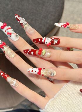 【红色小咪】卡通可爱甜美猫咪少女心樱桃新年氛围美甲手工穿戴甲