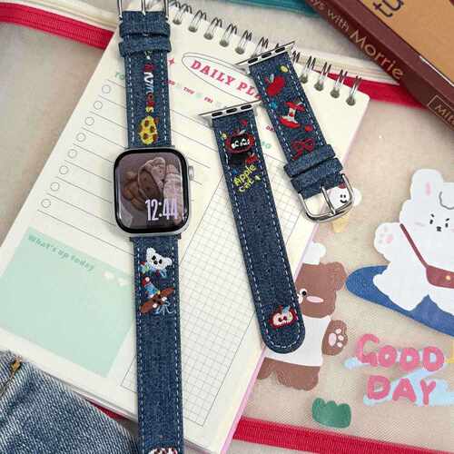 刺绣牛仔猫咪表带适用ApplewatchS11S10S9S8秋冬SES76S5SE新女款