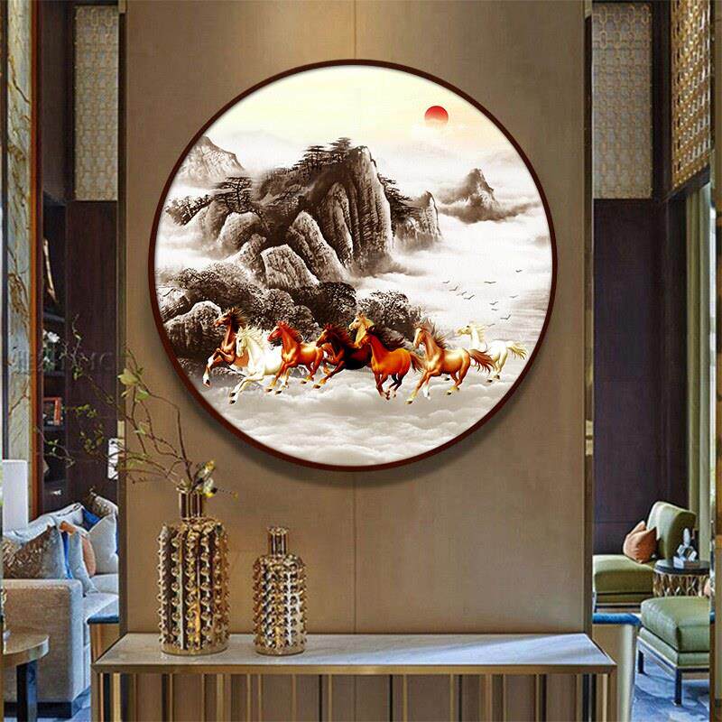 网红八骏图挂画客厅马装饰画八匹骏马圆形办公室壁画字画玄关马到