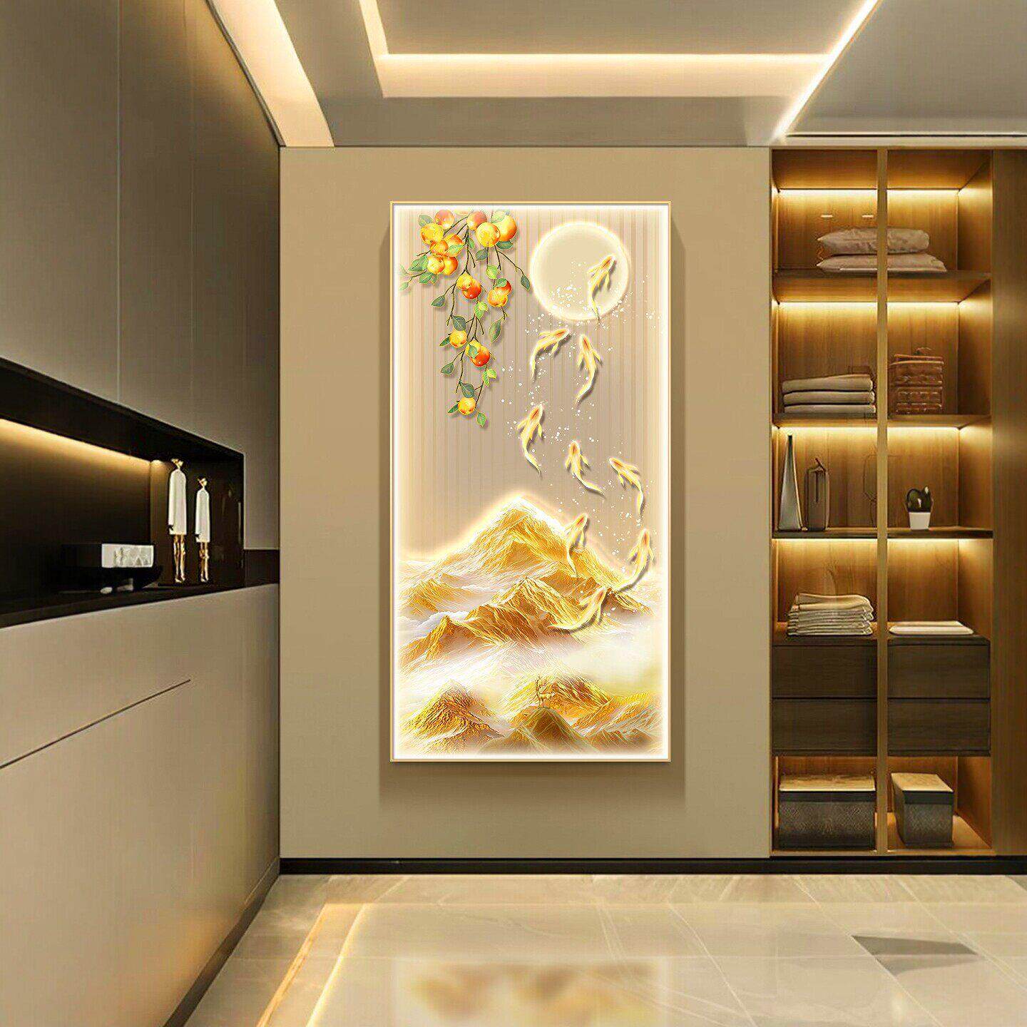 九鱼图入户玄关装饰画轻奢led灯山水壁画高级感走廊过道墙壁挂画