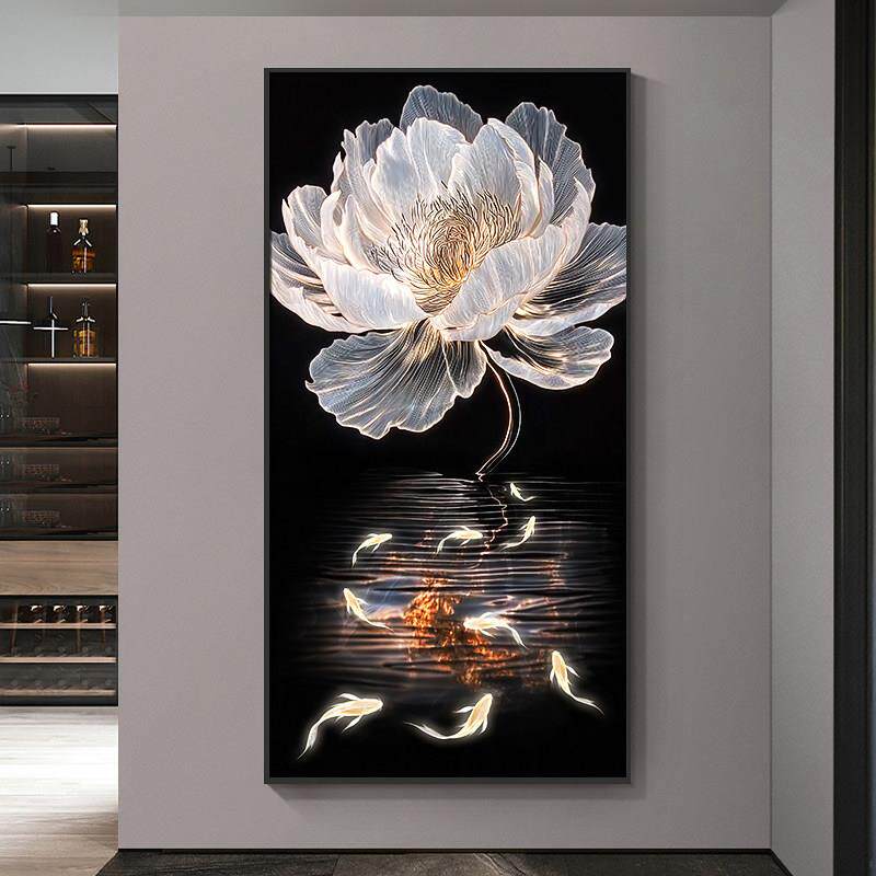 和气生财玄关装饰画轻奢九鱼图入户带灯壁画高档荷花走廊过道挂画