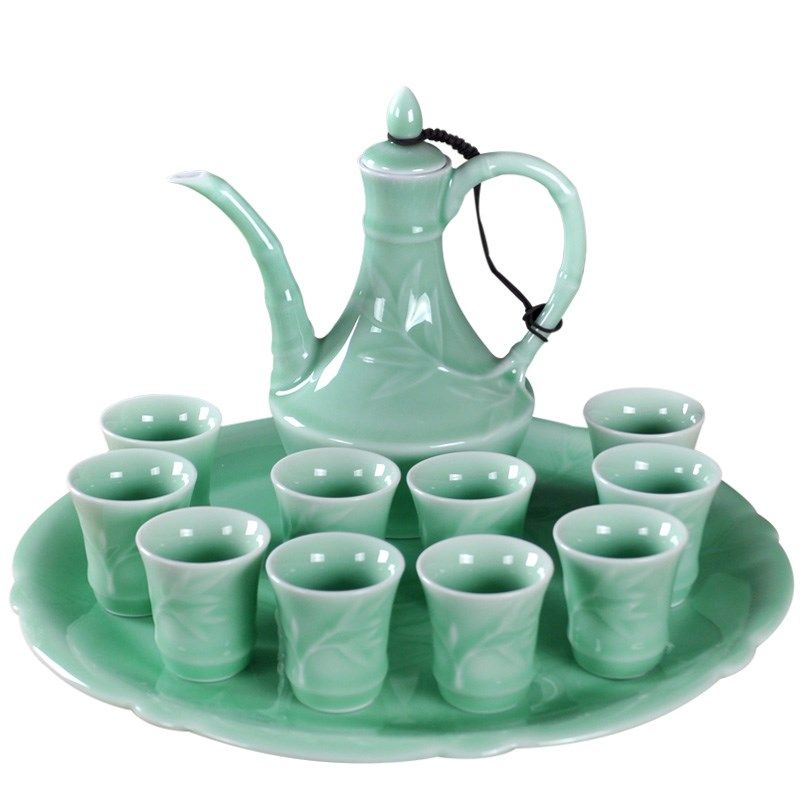 原源 青瓷e酒具白酒陶瓷小酒杯分酒器家用酒壶带托盘一壶十杯套装