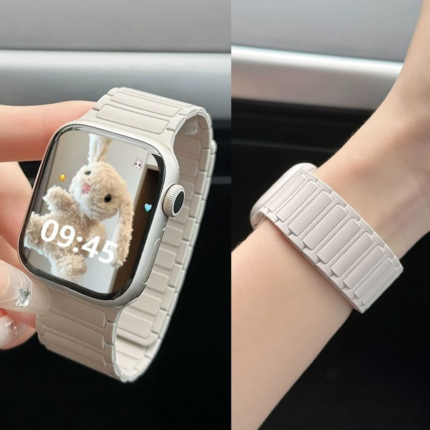 适用苹果s11手表表带硅胶装甲带iwatchs9智能高级佩戴applewatch8/7女款运动s10强磁吸ultra防水质感se星光色