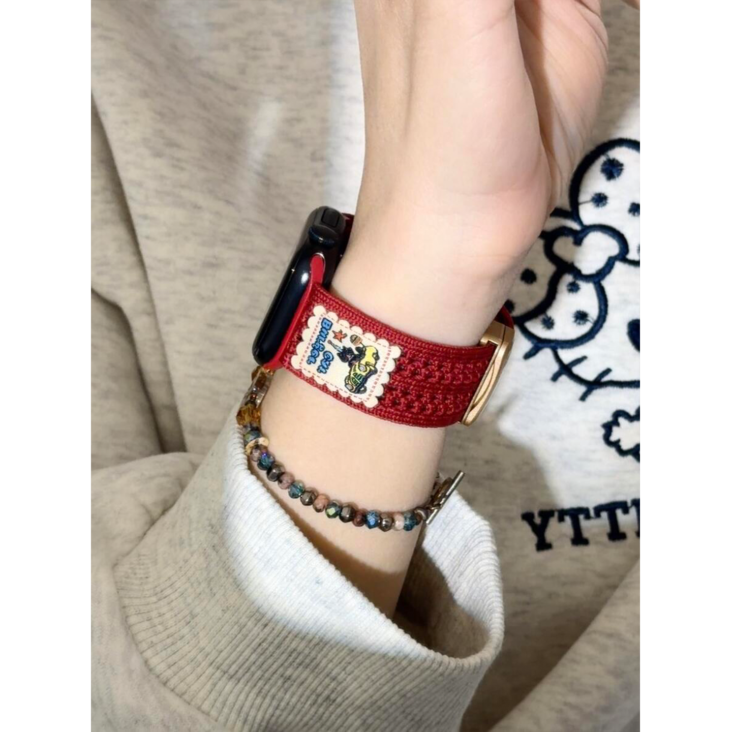 适用苹果s11手表表带s10黑猫编织