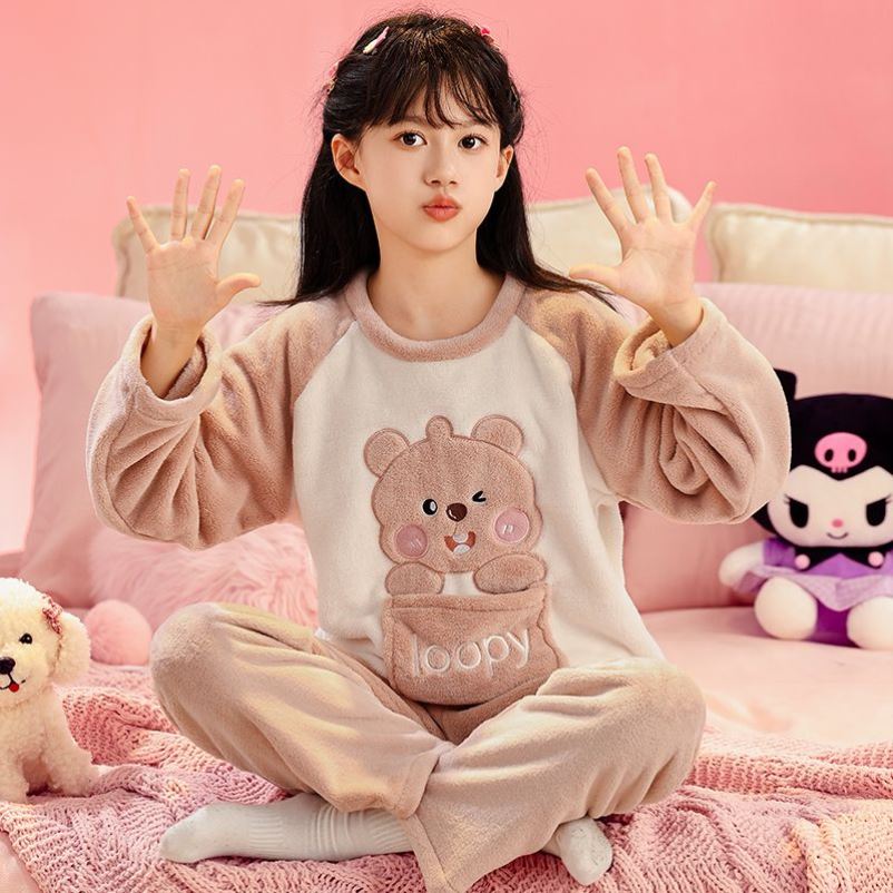 儿童睡衣女孩秋冬款法兰绒卡通中大童可外穿珊瑚绒加厚家居服套装