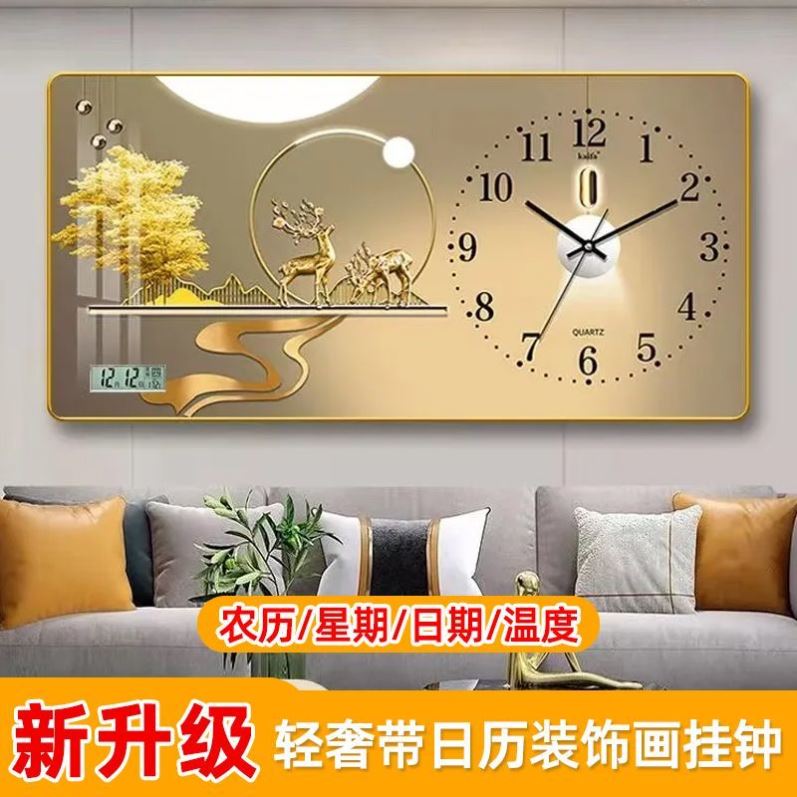 客厅挂钟网红带日历温度钟表家用中式挂墙时钟静音墙上挂钟装饰画
