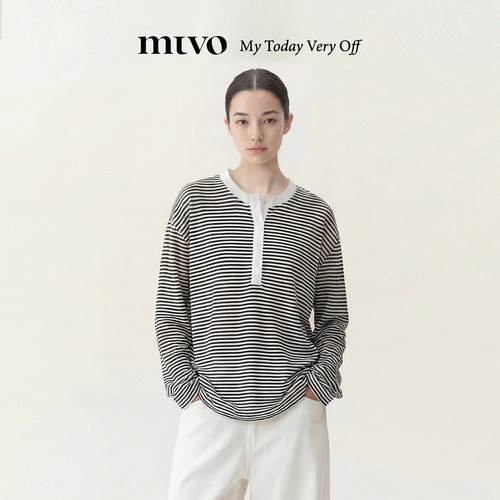 mtvo2026年春夏新品条纹亨利领t恤男宽松休闲上衣女内搭日常通勤