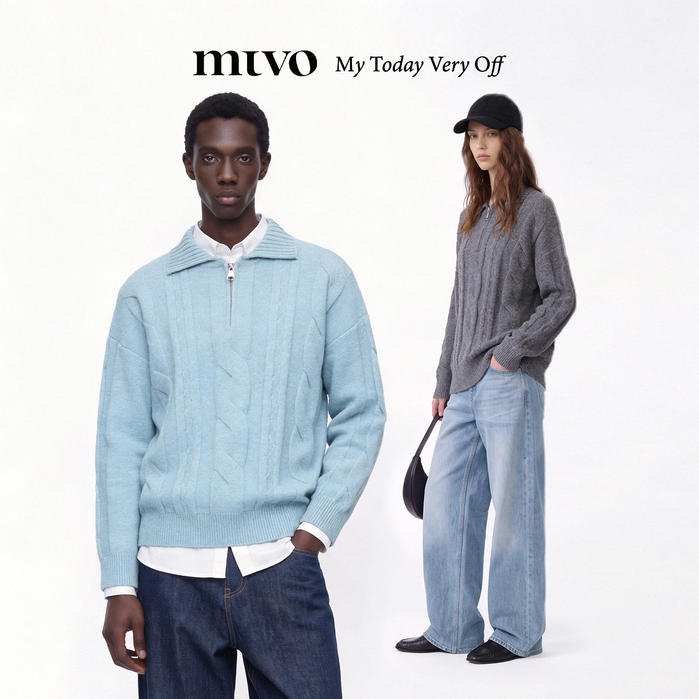 【MTVO】半开襟拉链翻领绞花毛衫图片