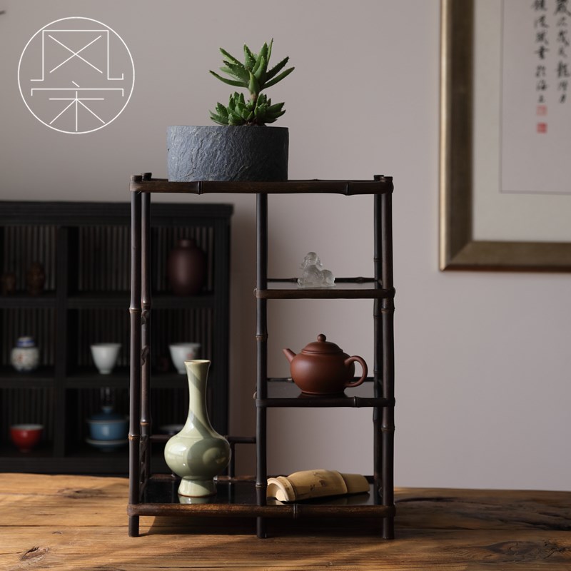收纳架竹b制架子展示架博古架 桌面茶棚紫竹手工艺 新中式茶室摆