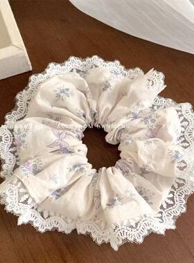 法式蕾丝碎花蓝色蝴蝶结大肠发圈发绳头绳花朵丸子头发饰皮筋马尾